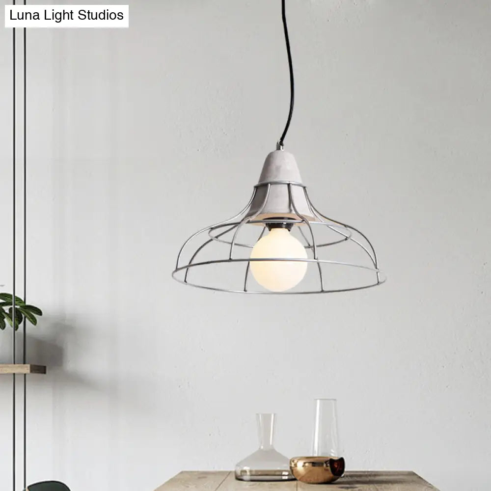 Industrial Silver Cage Pendant Light Fixture For Coffee House 1 Head Iron Cement Ceiling Lamp