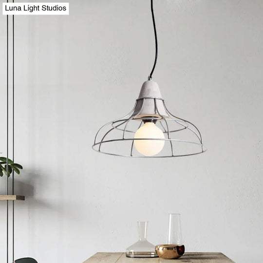 Industrial Silver Cylinder Pendant Light Fixture With Iron Head And Cage Design