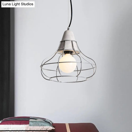 Industrial Silver Cylinder Pendant Light Fixture With Iron Head And Cage Design