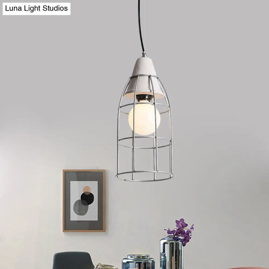 Industrial Silver Cylinder Pendant Light Fixture With Iron Head And Cage Design