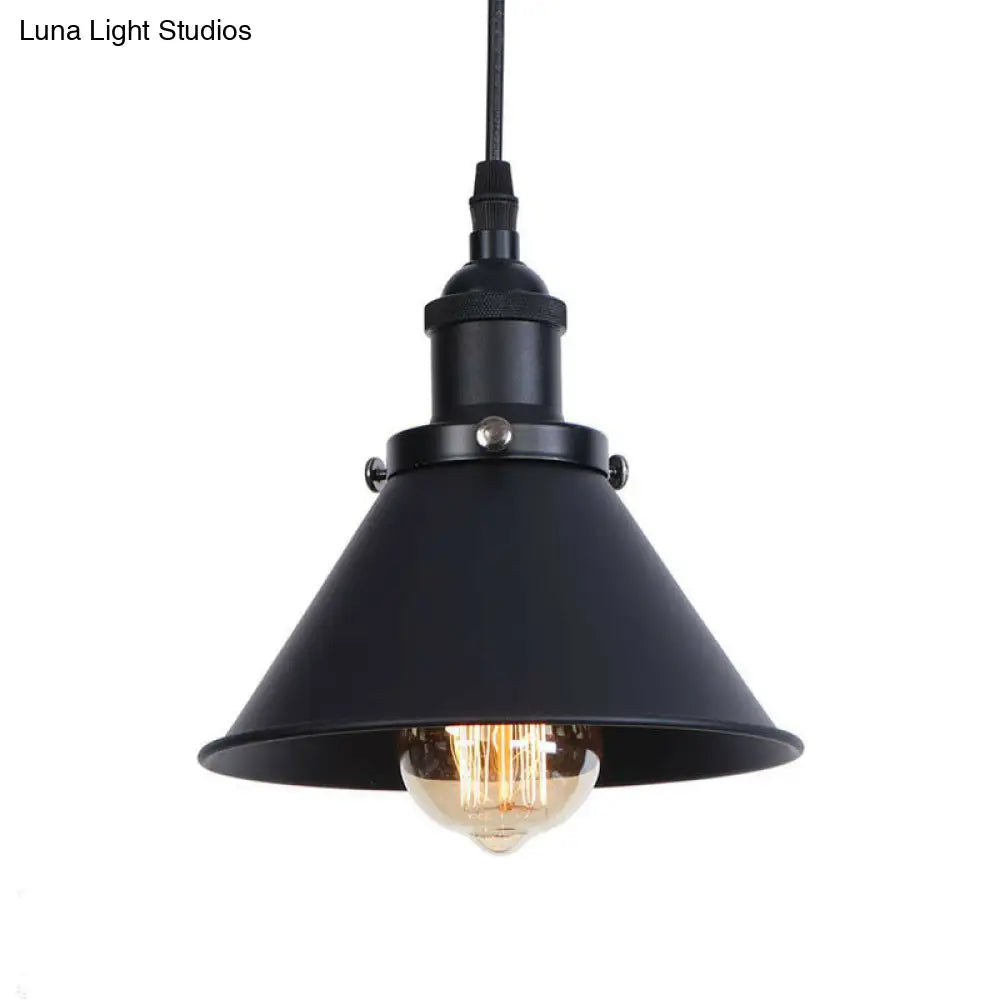 Industrial Single-Bulb Cone Pendant Light In Black/Copper/Rust With Rolled Trim And Cord Grip Black