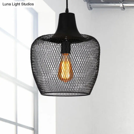 Industrial Single-Light Black Mesh Bowl Pendant Lamp For Dining Room