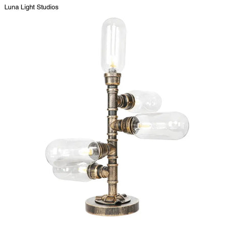 Industrial Study Room Task Lighting: 5-Light Table Light With Clear/Amber Glass Shade Base Included