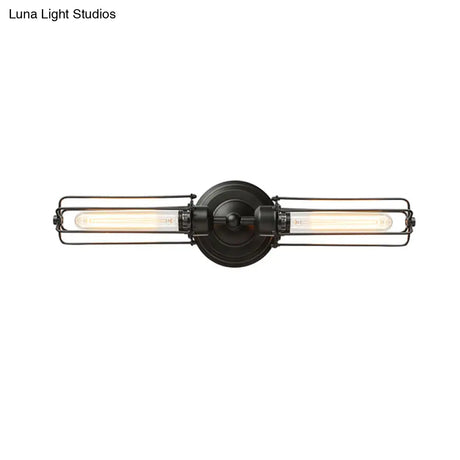 Industrial Style 2-Light Tube Cage Wall Lamp In Rust/Black For Hallway/Corridor Lighting