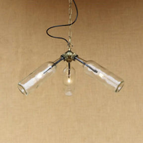 Industrial Style 3-Light Glass Bottle Chandelier With Pipe Design In Black/Clear Clear