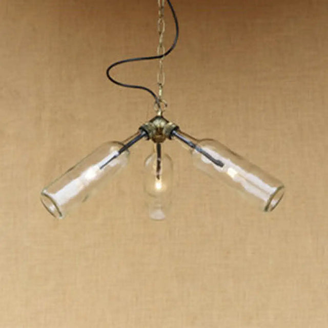 Industrial Style 3-Light Glass Bottle Chandelier With Pipe Design In Black/Clear Clear