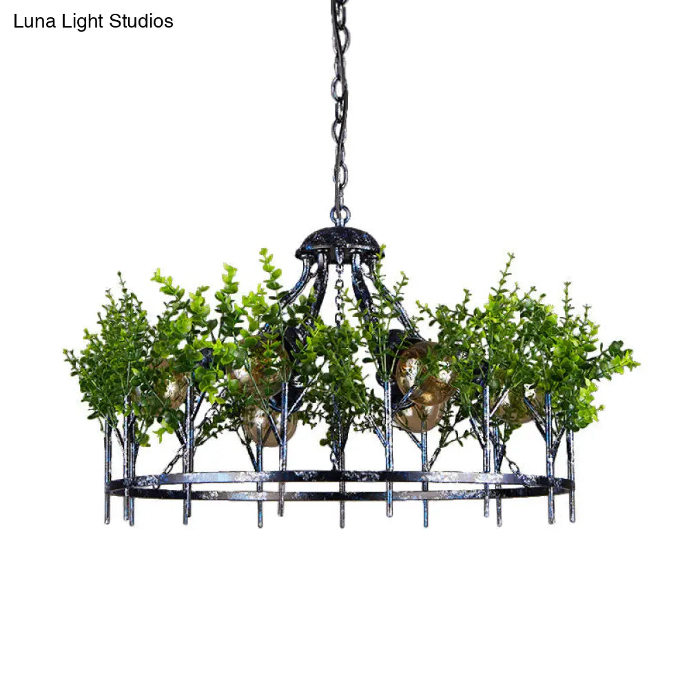 Industrial Style 6-Light Nickel Chandelier With Circular Iron Frame And Plant Design