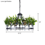 Industrial Style 6-Light Nickel Chandelier With Circular Iron Frame And Plant Design