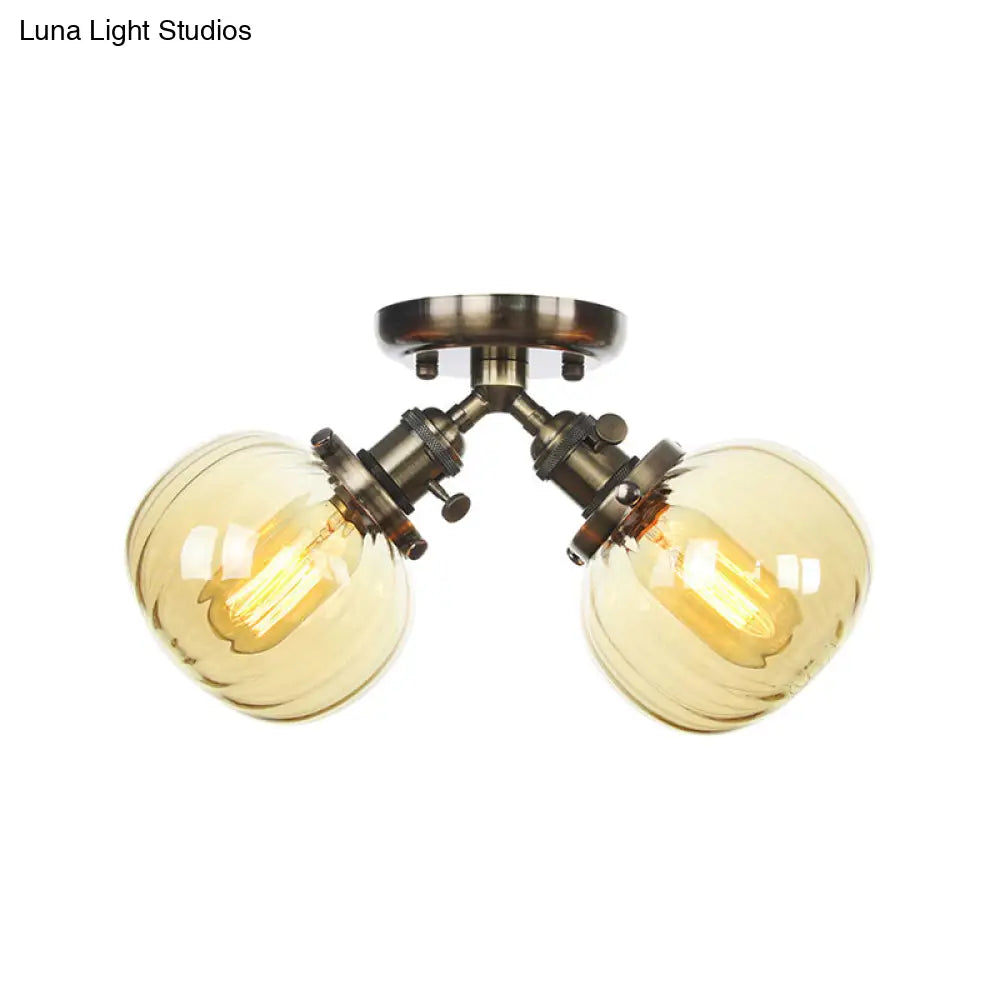 Industrial Style Amber/Clear Glass Ball Pendant Light - 2 Heads Restaurant Ceiling Mounted Lamp