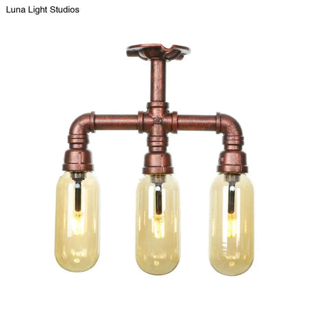 Industrial Style Amber Glass Semi Flush Mount Ceiling Light With Weathered Copper Finish - 3/4/5