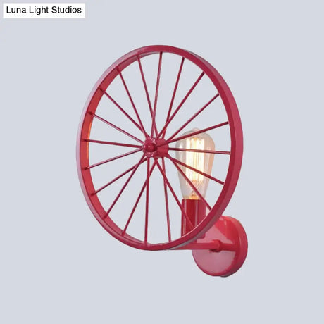 Industrial Style Bare Bulb Wall Lamp With Wheel Design - Modern Metal 1 Light Black/White/Red