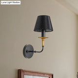 Industrial Style Black Fabric Sconce Lamp For Corridor - Tapered Head With Hollow Design 1 Light