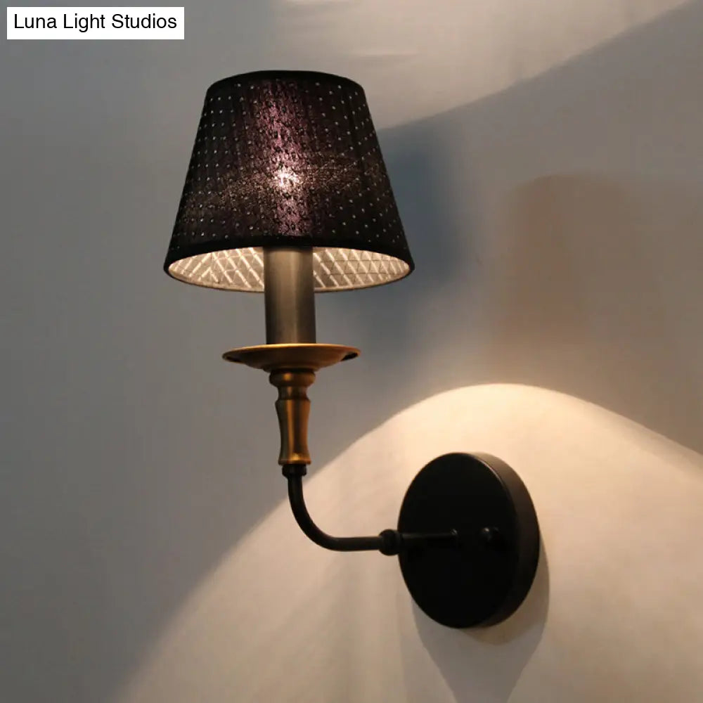 Industrial Style Black Fabric Sconce Lamp For Corridor - Tapered Head With Hollow Design 1 Light