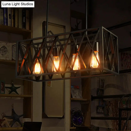 Industrial Style Black Ironwork Pendant Light For Bar - Rectangular Island Design