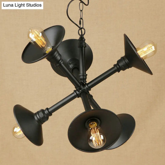 Industrial 6-Light Flared Chandelier For Bar With Black Metal Finish