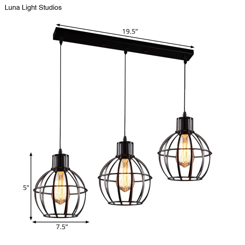 Industrial Style Black Pendant Light With 3 Bulbs Wire Globe Shade - Ideal For Dining Room