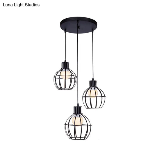 Industrial Style Black Pendant Light With 3 Bulbs Wire Globe Shade - Ideal For Dining Room