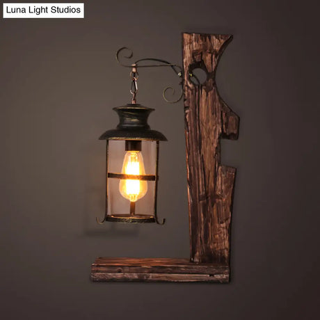 Industrial Style Black Table Lamp: Clear Glass Lantern With Wood Base