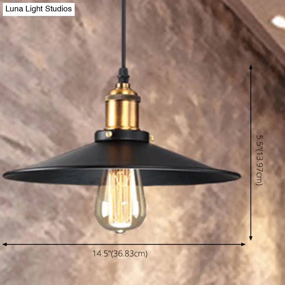 Industrial Style Black Vintage Hanging Light Fixture With Metal Saucer Shade And Brass Lamp Socket -