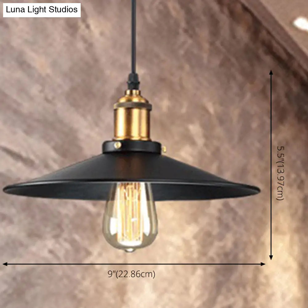 Industrial Style Black Vintage Hanging Light Fixture With Metal Saucer Shade And Brass Lamp Socket -