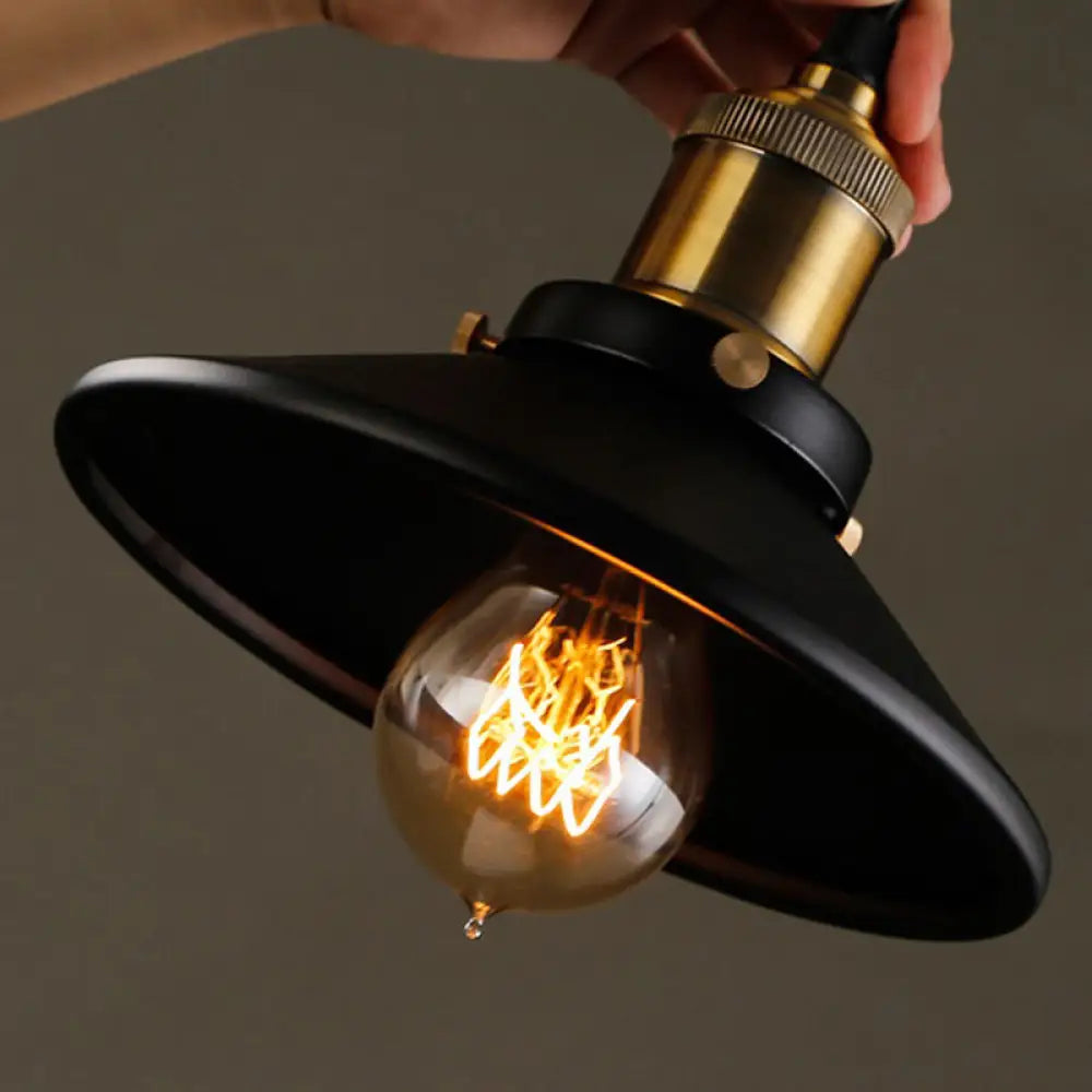 Industrial Style Black Vintage Hanging Light Fixture With Metal Saucer Shade And Brass Lamp Socket -