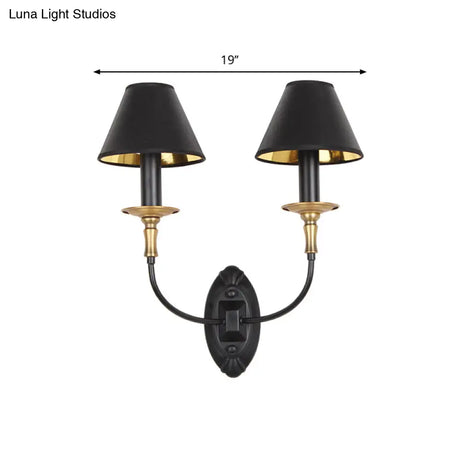 Industrial Style Black Wall Light With Fabric And Metal Cone Shade For Bedroom