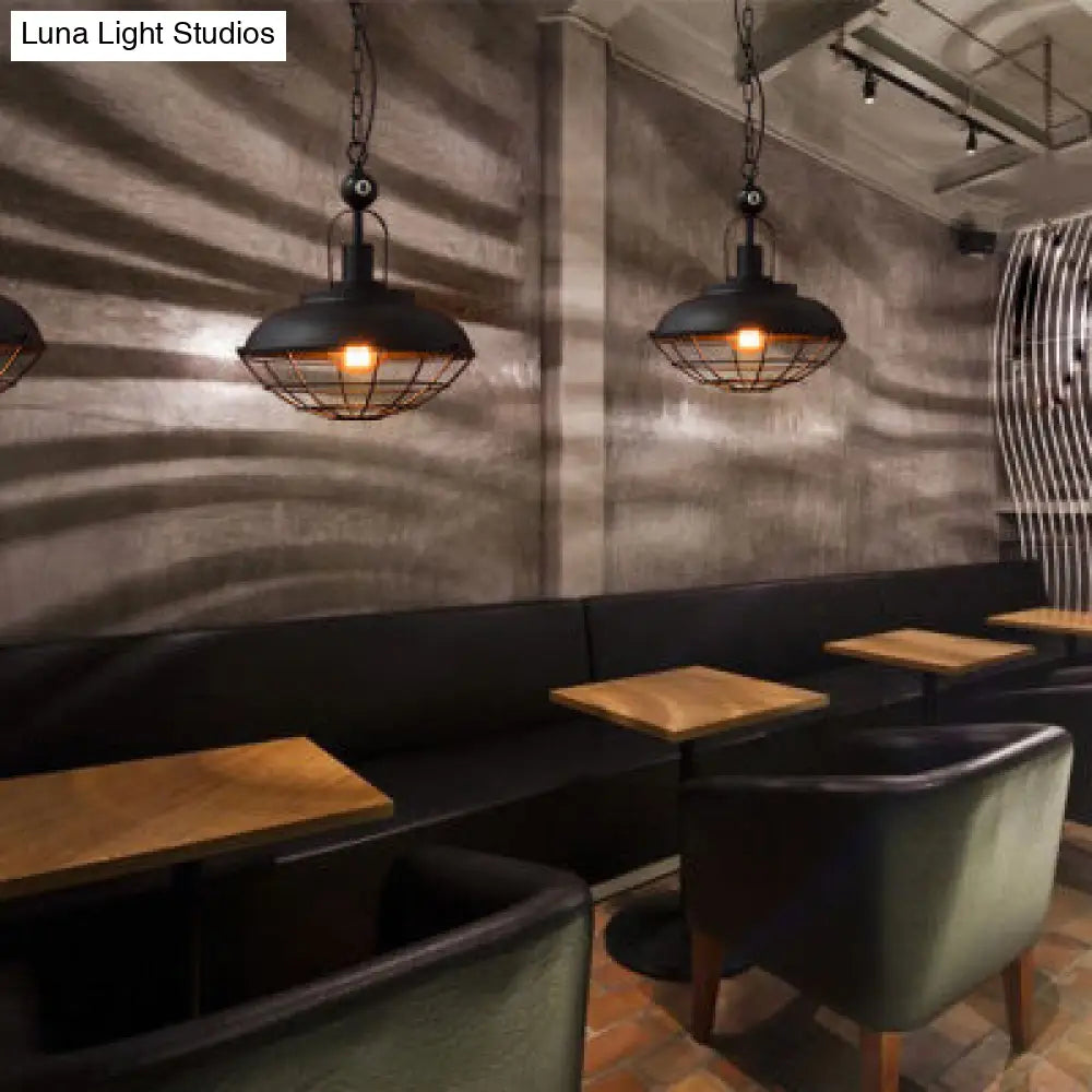 Industrial Black Metal Cage Pendant Lamp - Stylish Ceiling Fixture For Restaurant