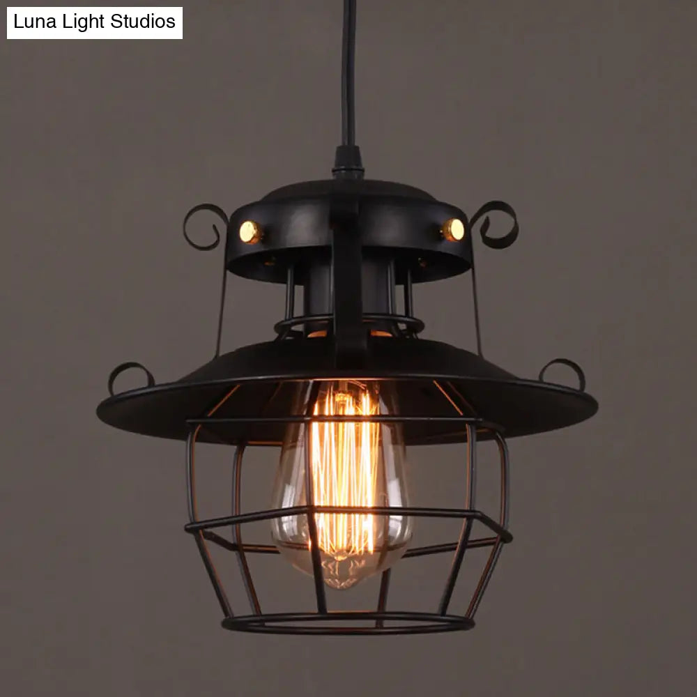 Industrial Style Black Wrought Iron Pendant Light With Adjustable Cord - 1-Light Hanging Ceiling
