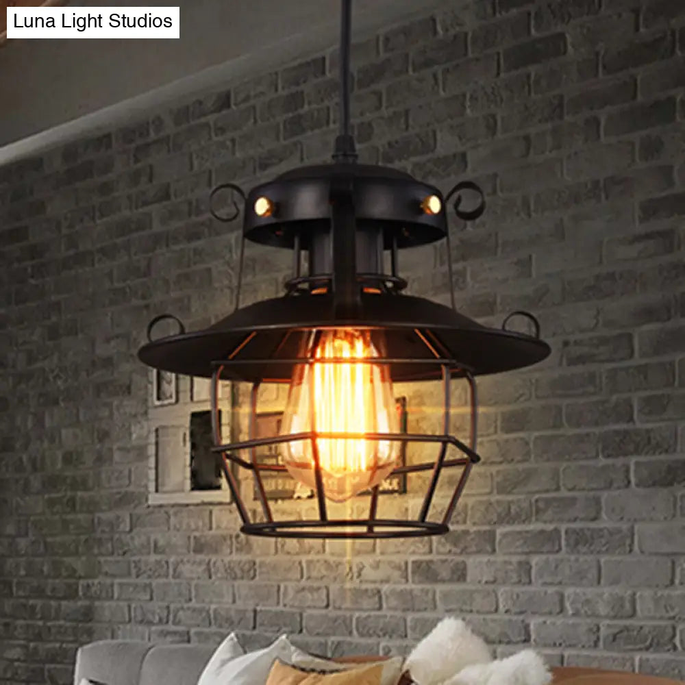 Industrial Style Black Wrought Iron Pendant Light With Adjustable Cord - 1-Light Hanging Ceiling