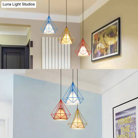 Industrial Style Caged Hanging Light With Multi-Color Metal And Fabric 3 Lights Pendant Lighting -