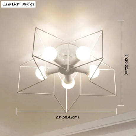 Industrial Style Ceiling Light: 5 - Bulb Flush Mount Fixture With Iron Frame Lampshade - Dining
