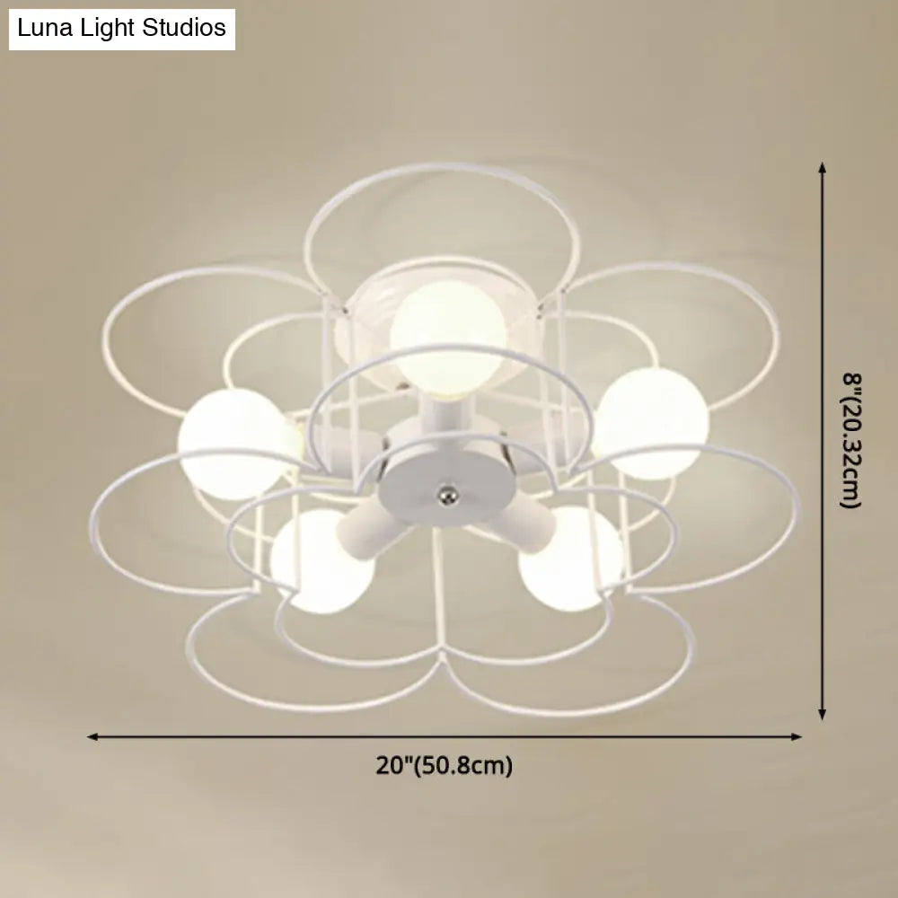 Industrial Style Ceiling Light: 5-Bulb Flush Mount Fixture With Iron Frame Lampshade - Dining Room