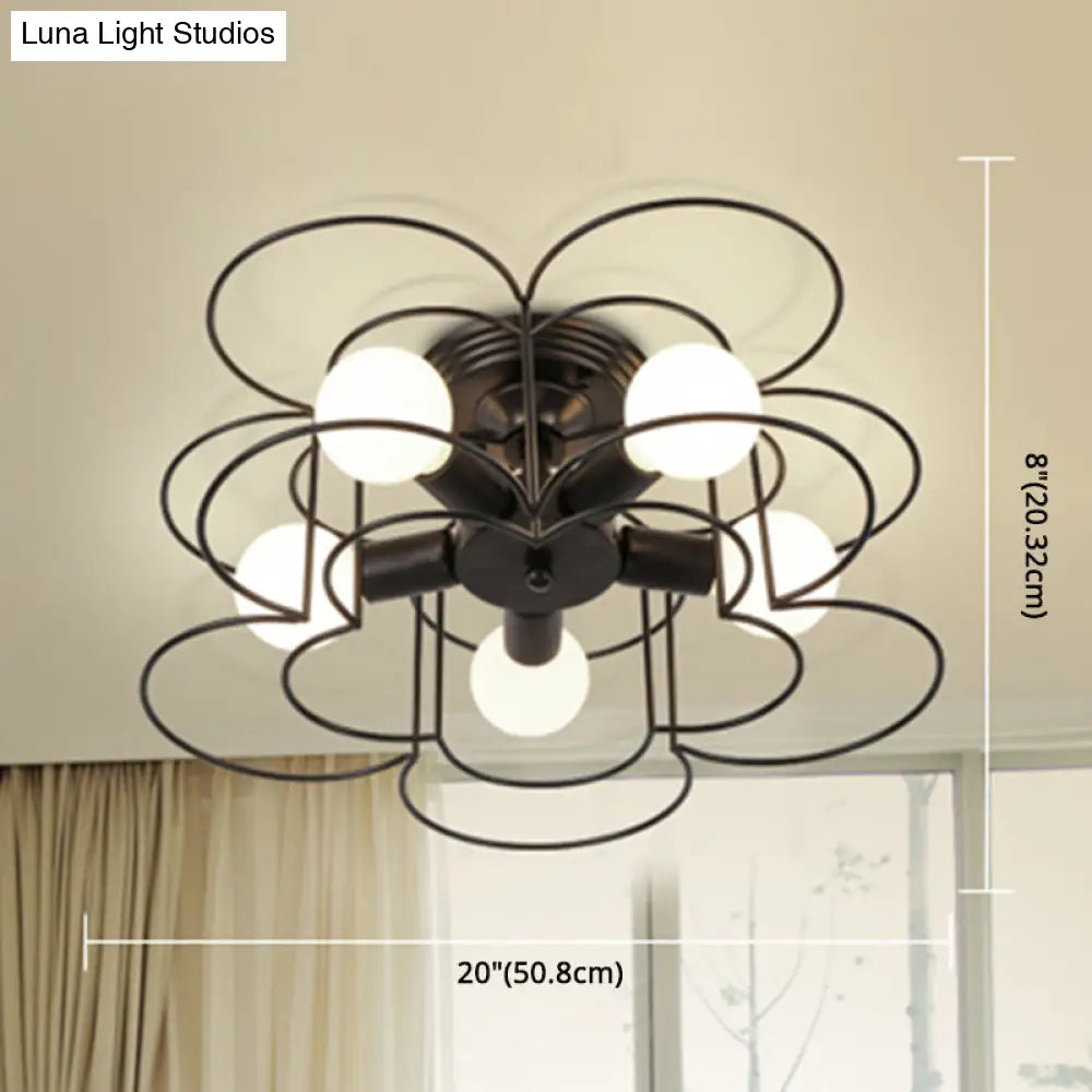 Industrial Style Ceiling Light: 5 - Bulb Flush Mount Fixture With Iron Frame Lampshade - Dining