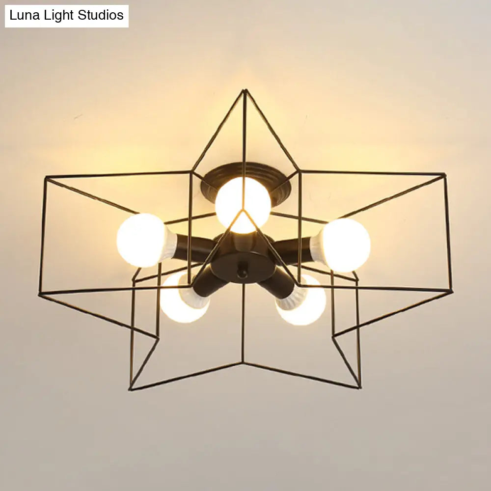 Industrial Style Ceiling Light: 5-Bulb Flush Mount Fixture With Iron Frame Lampshade - Dining Room