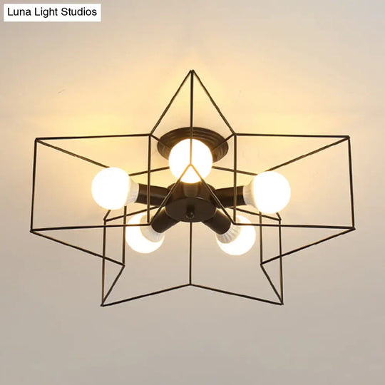Industrial Style Ceiling Light: 5-Bulb Flush Mount Fixture With Iron Frame Lampshade - Dining Room