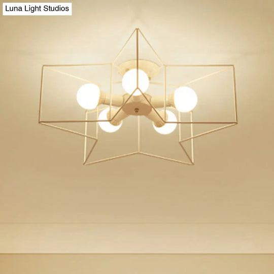 Industrial Style Ceiling Light: 5-Bulb Flush Mount Fixture With Iron Frame Lampshade - Dining Room