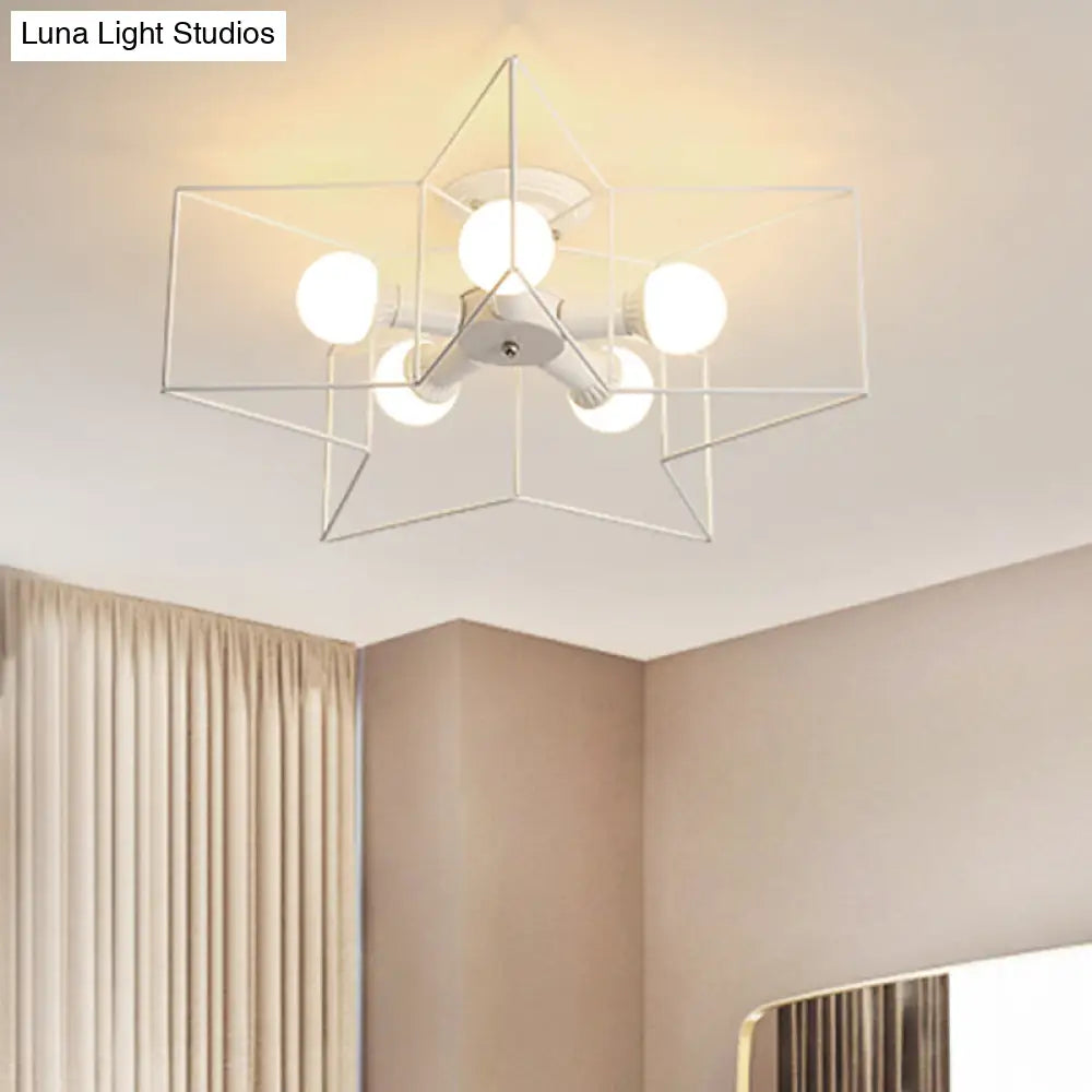 Industrial Style Ceiling Light: 5-Bulb Flush Mount Fixture With Iron Frame Lampshade - Dining Room