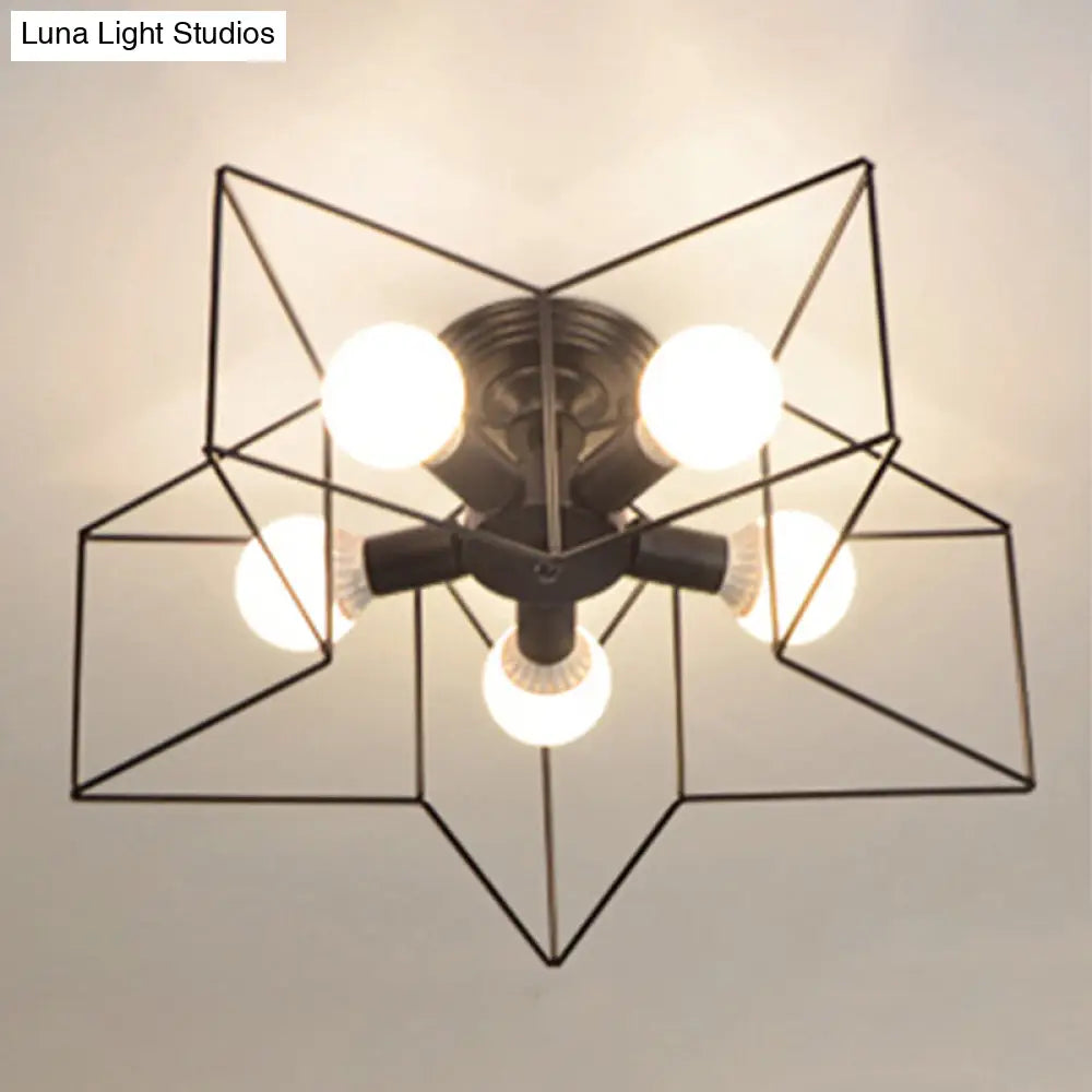 Industrial Style Ceiling Light: 5-Bulb Flush Mount Fixture With Iron Frame Lampshade - Dining Room