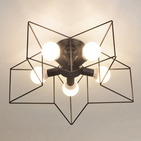 Industrial Style Ceiling Light: 5 - Bulb Flush Mount Fixture With Iron Frame Lampshade - Dining