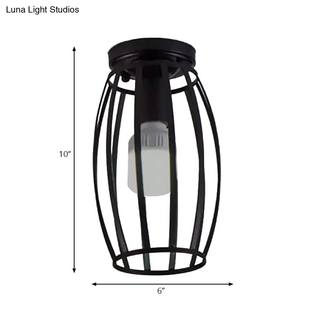 Industrial Style Ceiling Mounted Light With Oval Cage Metallic Shade - 1 Head Bedroom Flush Mount