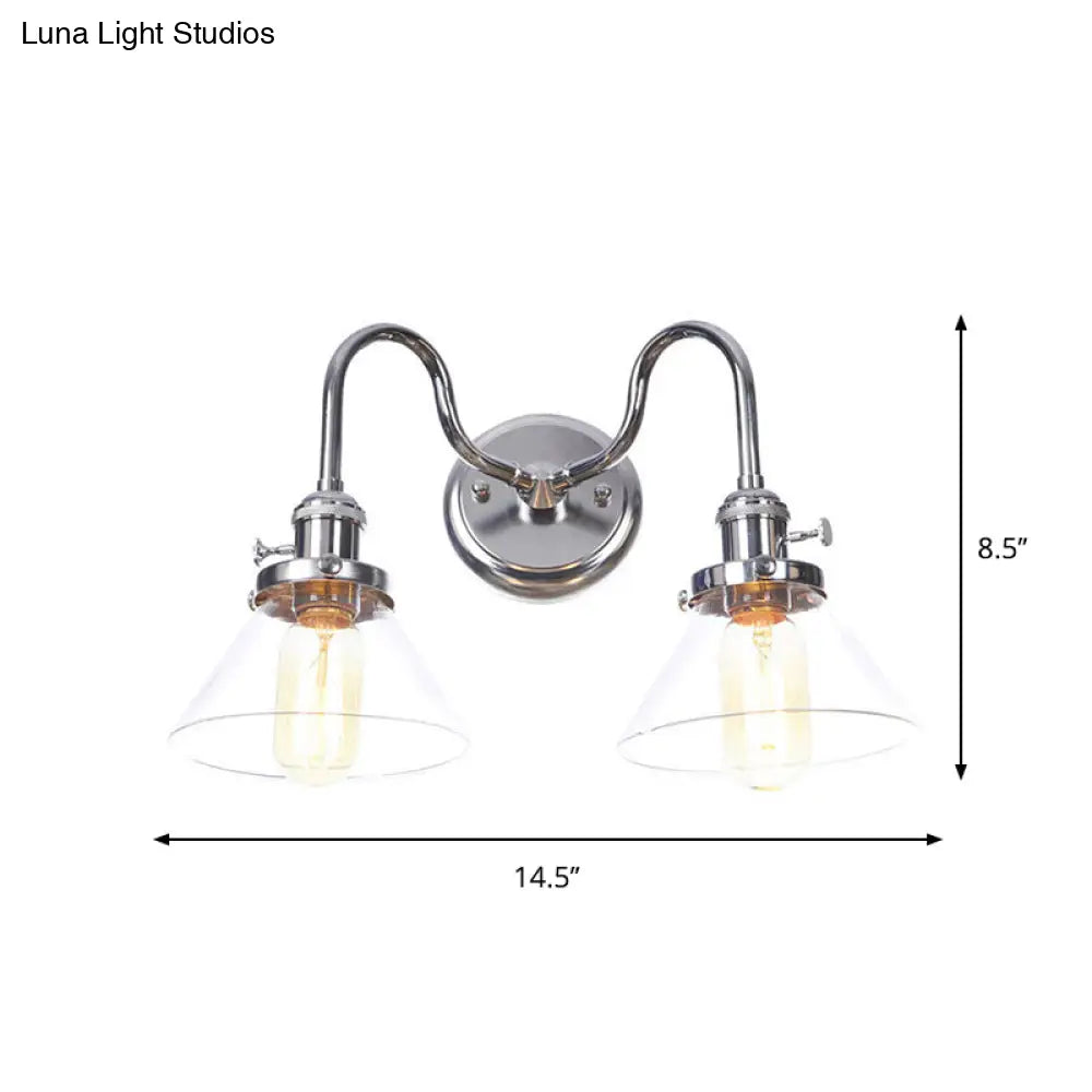 Industrial Style Chrome Wall Sconce With Clear Glass Globe/Cone Wavy Arm - 2 Light Kit For Corridor