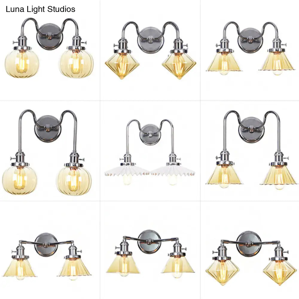 Industrial Style Chrome Wall Sconce With Clear Glass Globe/Cone Wavy Arm - 2 Light Kit For Corridor