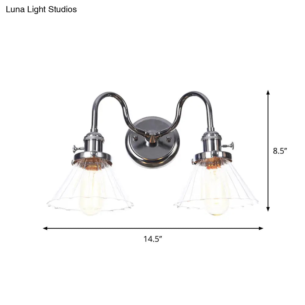 Industrial Style Chrome Wall Sconce With Clear Glass Globe/Cone Wavy Arm - 2 Light Kit For Corridor