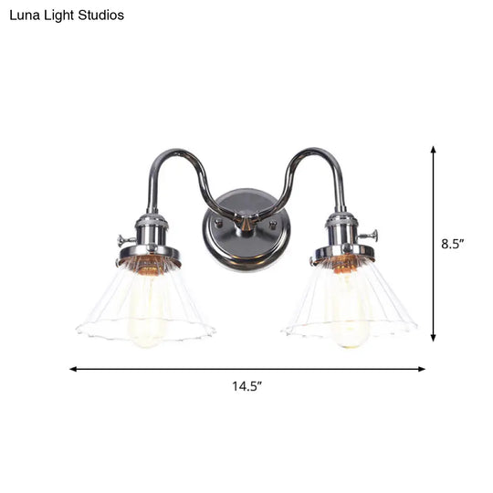 Industrial Style Chrome Wall Sconce With Clear Glass Globe/Cone Wavy Arm - 2 Light Kit For Corridor