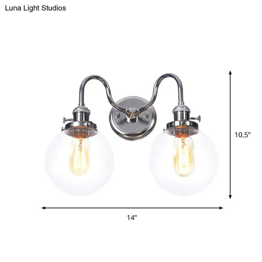 Industrial Style Chrome Wall Sconce With Clear Glass Globe/Cone Wavy Arm - 2 Light Kit For Corridor