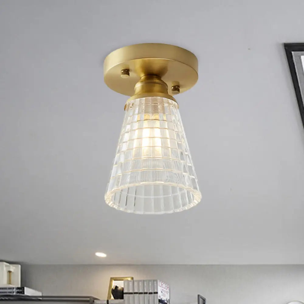 Industrial-Style Cone Glass Ceiling Light - Single Bulb Semi Flush Mount Fixture In Brass With
