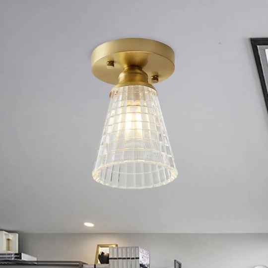 Industrial-Style Cone Glass Ceiling Light - Single Bulb Semi Flush Mount Fixture In Brass With