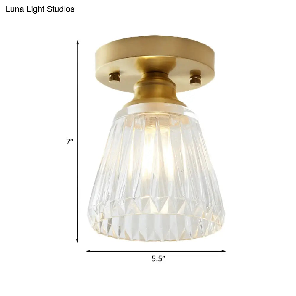 Industrial-Style Cone Glass Ceiling Light - Single Bulb Semi Flush Mount Fixture In Brass With