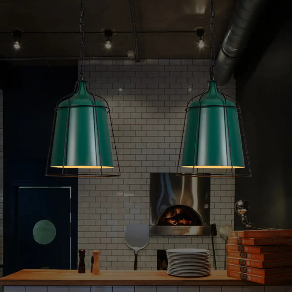Industrial-Style Dark Green Hanging Pendant With Wire Cage - Aluminum Tapered Suspension Lighting