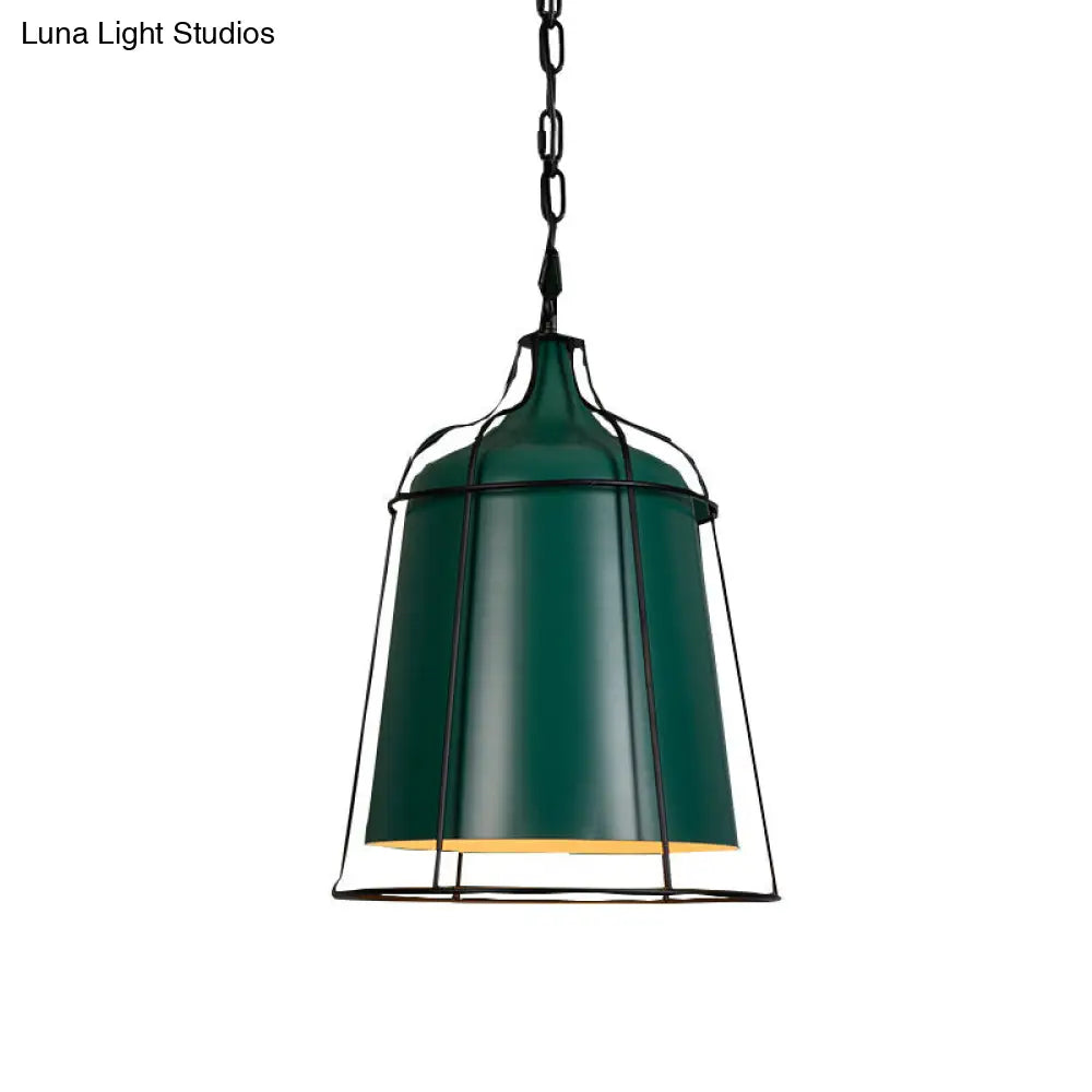 Industrial Dark Green Pendant Light With Wire Cage - Single Bulb Aluminum Suspension Fixture
